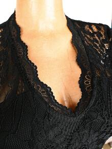 SHEIN Raffinéa Women's Elegant Lace Sexy Sheer Black Tank Top - Black - View 6