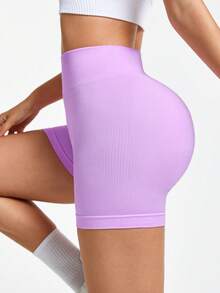 Slayform Solid Color High Waist Seamless Sports Shorts - Mauve Mist - View 4