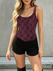SHEIN Raffinéa Women's Elegant Date/Vacation Lace Bodysuit, Summer - Red - View 4