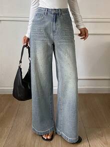 DAZY Women's Distressed Washed Wide Leg Denim Jeans - Blue - View 5