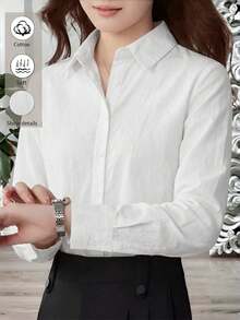 SHEIN 女款休閒通勤單排釦長袖素色襯衫 - 白色 - 查看 4