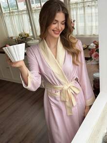 Snug Reverie Comfortable Soft Striped Patchwork Plaid Contrast Color Tie-Front Robe Lounge Sleep Pink Gingham Autumn Cute Kawaii Lounge Cute - Pink - View 6