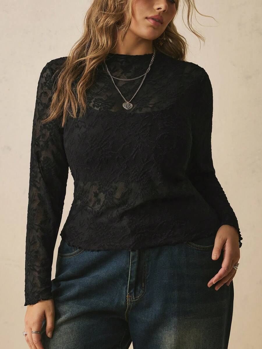 Freevana Plus Size Vacation Black Ditsy Floral Print Long Sleeve Base Layer Top Night Autumn Elegant Sexy Fall Date Night Cocktail Dinner Wedding Guest - Black - View 1