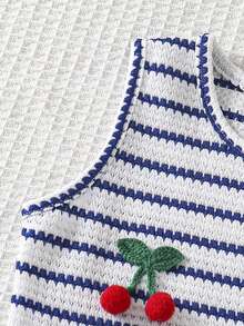 Genkimix Kids 女童針織華夫格條紋鳳梨布料休閒可愛刺繡櫻桃鉤編圖案拼接度假洋裝，適合日常活動、度假、旅行、街頭風 - 藍白色 - 查看 6