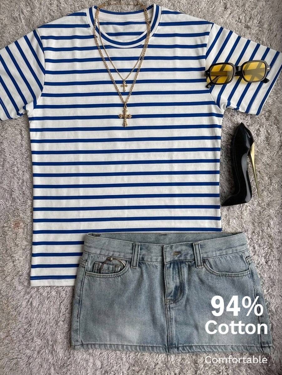 Attitoon Women's Casual Coastal Blue And White Striped T-Shirt, 94 Cotton, Summer Clothing, Outfits For Women, Holiday Outfits, Vacation Beach - Multicolor - View 1