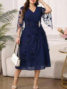 Reflora Plus Size Elegant Party Dress With 3D Floral Decoration Fall - Navy Blue - View 10