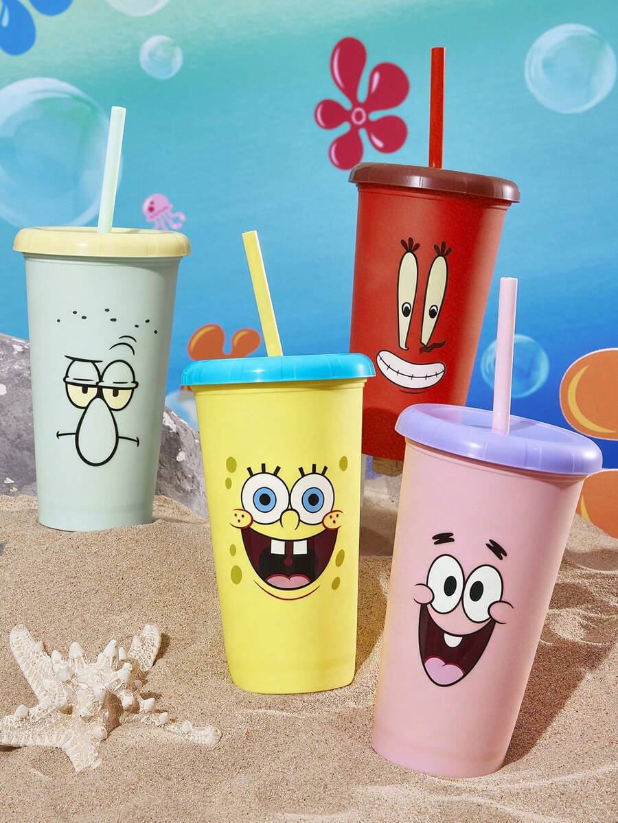 SpongeBob SquarePants | SHEIN 4pcs Party Favor Cups, 473ml) Plastic Flat Bottom Tumbler, Kids Birthday Party Supplies - Multicolor - View 1