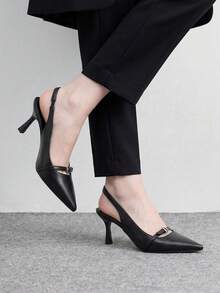 CUCCOO BIZCHIC 黑色尖頭細高跟slingback女鞋 扣飾設計 四季通勤時尚簡約 百搭日常宴會派對女鞋 - 皮料黑 - 查看 5