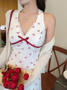 DAZY Women's All-Over Floral Print Tie Bow Korean Style Fresh Summer Dress Vacation Red And White Cute - White - View 1