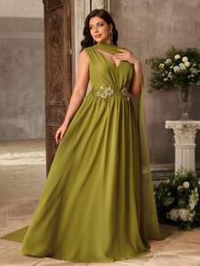 Aureia Große Größen elegantes grünes Chiffon plissiertes Blumenapplikation A-Linie Maxikleid mit abnehmbarem Schal für formelle Abendveranstaltungen, Hochzeitsgäste, Brautjungfern, Partys - Grün - Übersicht 5