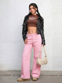 SHEIN ICON 女款口袋寬腿寬鬆休閒百搭牛仔長褲 - 賓治酒 - 查看 3