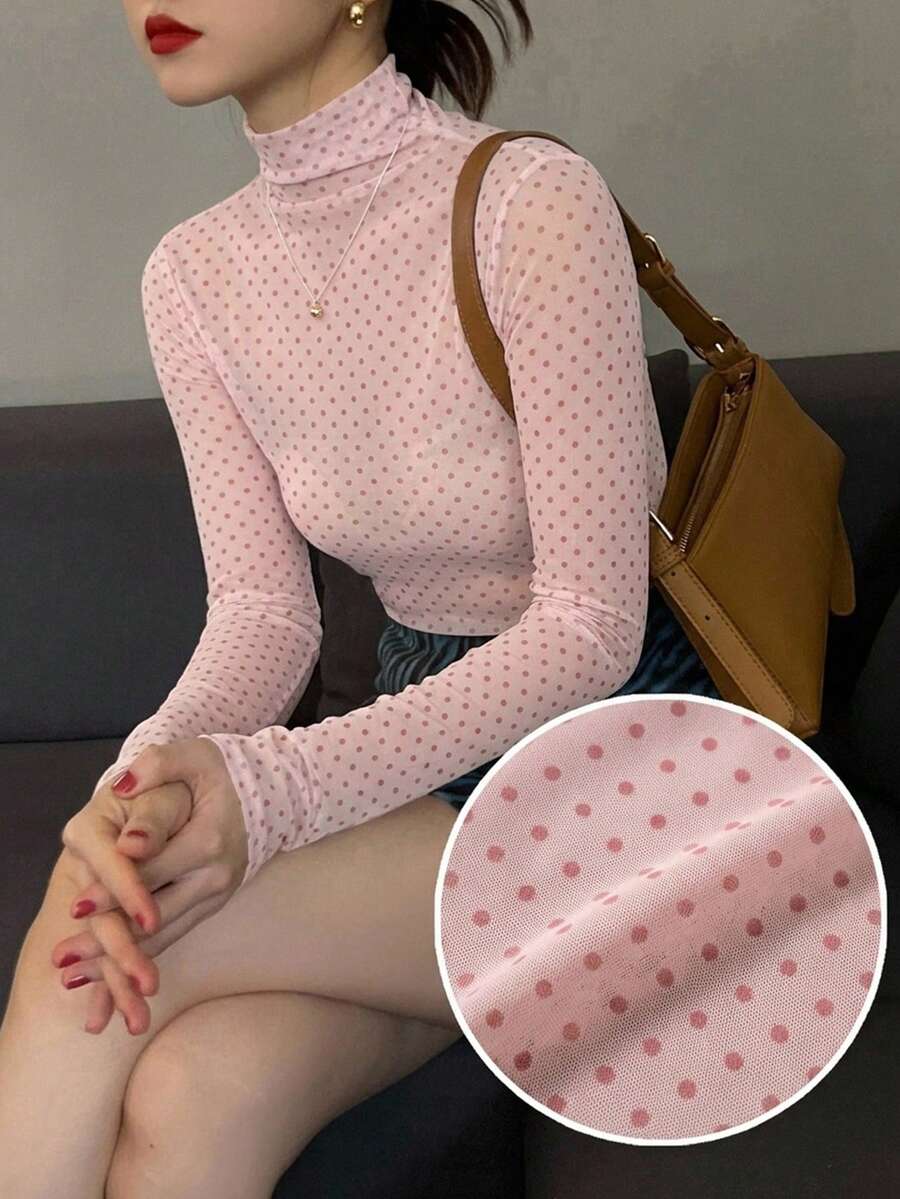DAZY Polka Dot Print Slim Fit High Neck Long Sleeve Women's T-Shirt Summer - Pink - View 1