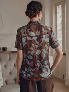 Anewsta Elegante, braune Damenbluse mit Blumenmuster und kurzen Ärmeln – ein modisches Sommerhemd für Brunch, Urlaub, Party, Hochzeit, festliche Anlässe, Büro und Valentinstag. - Braun - Übersicht 2