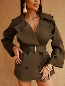 Maju Mazalli Women's Fashionable & Elegant Double-Breasted Belted Trench Coat French Style Clothes Women Trench Coat Trench Coat Women In Fall/Winter,Fall,Fall Clothes For Women,Women's Winter Clothes - Army Green - View 3