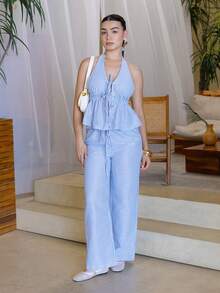 Andrea Bello Women 2 Pieces Set:Striped Print Twist Backless Halter Top And Drawstring Pants, Casual Summer Elegant - Blue - View 1