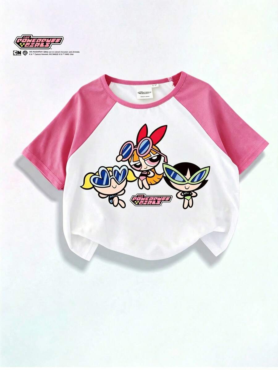Maija Kids THE POWERPUFF GIRLS X SHEIN Maija Kids 兒童 1 件大童女孩休閒 Y2K 卡通圖案極簡短袖高腰 T-shirt,適合夏季返校校園穿搭,白色 - 彩色 - 查看 1