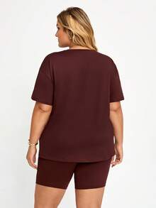Plussiva Plus-Size Maternity Brown Letter Print T-Shirt And Shorts Two-Piece Set. Adjustable Elastic Waistband. Summer Casual Athletic. Gym - Brown - View 2