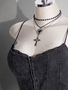 SHEIN ICON 大尺碼女款蕾絲飾邊休閒牛仔風 1960s 百搭日常丹寧細肩帶背心上衣，適合外出、約會之夜、早午餐、女生之夜、萬聖節，深色水洗 - 深色水洗藍 - 查看 9