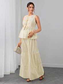 SHEIN Umstands-Set 2-teilig Einfarbig, ärmelloses Bindetop und Hose zum Stillen - Beige - Übersicht 7