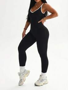 SHEIN Rhythm Era Plus Size Women's Ribbed U-Neck Backless Spaghetti Strap Seamless Tight Fit Yoga Sports Jumpsuit Gym Sports Black And White Summer - Black and White - View 3