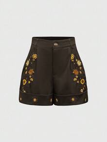 ROMWE Hippie Bohemian Style Floral Print Loose Ruffle Hem Women Shorts - Brown - View 1