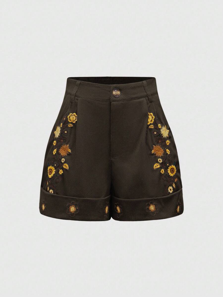 ROMWE Hippie Bohemian Style Floral Print Loose Ruffle Hem Women Shorts - Brown - View 1