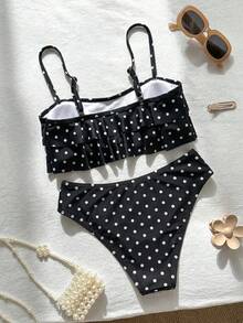Swim Mod 花卉蕾絲可愛甜美復古休閒度假海灘海邊女款泳衣套裝 - 黑與白 - 查看 2