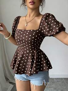 SHEIN PariChic 女款泡泡袖收腰優雅襯衫 - 咖啡棕 - 查看 6