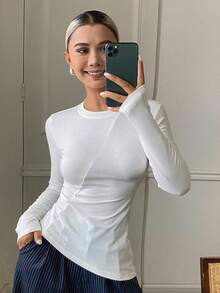 DAZY 女款素色百褶修身百搭日常外出長袖T恤 - 白色 - 查看 5