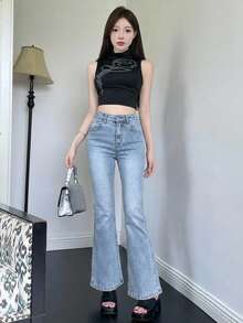 DAZY 女款休閒百搭日常穿著水洗丹寧喇叭牛仔褲，附口袋與鈕扣 - 藍色 - 查看 4