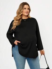 Plussiva Plus Size Maternity Casual Autumn Black Long-Sleeved Loose T-Shirt Versatile Solid Color Side Slit Top Fall Work Breast Feeding Postpartum - Black - View 5