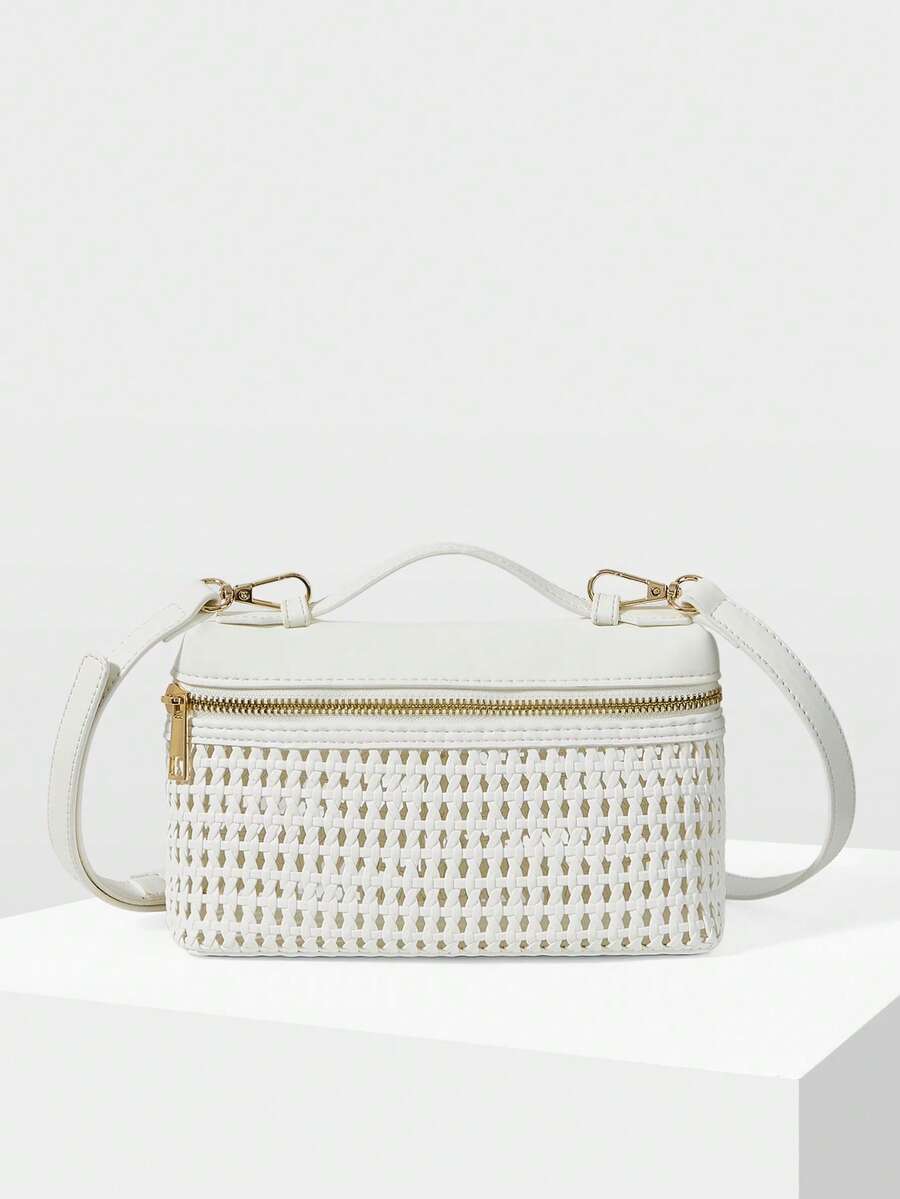 MOTF LADIES' FASHIONABLE AND ELEGANT WHITE WOVEN HANDBAG, EXQUISITE AND SIMPLE BOX BAG, SMALL AND LIGHTWEIGHT, SUITABLE FOR DAILY COMMUTING, DATING AND SHOPPING, SUMMER VACATION, PARTY - White hollow - View 1