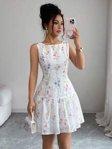 Flora Isola Flora Isola 女款夏季白色花卉印花鏤空刺繡無袖荷葉邊修飾A字短洋裝 - 白色 - 查看 5