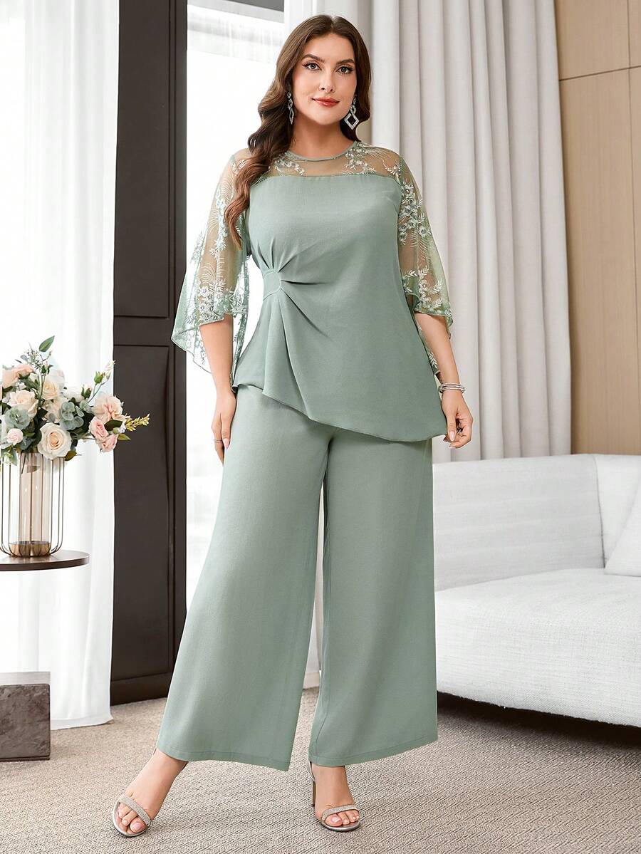 Reflora Plus Size Elegant Commuter Lace Patchwork Top & Pants 2 Pieces Set Fall - Green - View 1