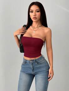 SHEIN PETITE 女款緊身休閒抹胸上衣，適合運動（含胸墊） - 酒紅色 - 查看 7