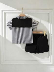 Souflis Souflis Französischer Stil 3er Set Baby Jungen Säugling Kleinkind Neugeborene Frühling Sommer vielseitig Kleiner Gentleman Schwarz & Weiß gestreift gewebtes Kurzarmhemd + Shorts + abnehmbarer Schal 3-teiliges Outfit Baby hochwertiges Set - Schwarz und Weiss - Übersicht 4