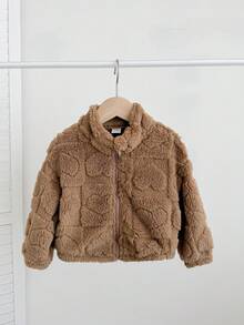 SHEIN LMoss Kids LMoss Baby Girl Cute And Casual Furry Stand Collar Jacket With Heart Pattern, Perfect For Autumn And Winter - Mocha Brown - View 3