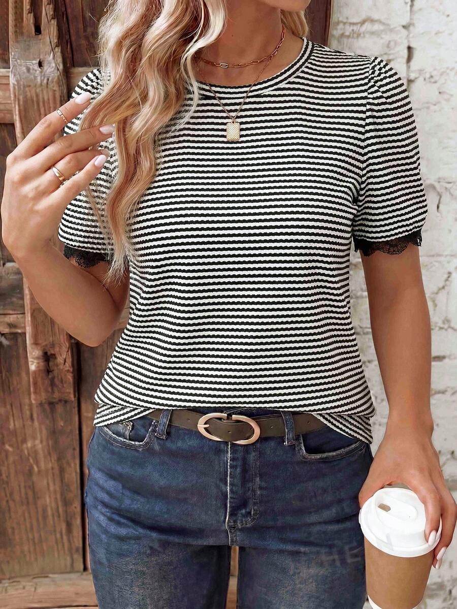 EMERY ROSE Women's Spring/Summer New Hot-Selling Striped Knit Patchwork Ruffle Design Casual Versatile T-Shirt - Black and White - View 1