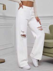 EMERY ROSE Plus Size Women's Casual Grunge Casual Formal Pocket Straight Leg Denim Jeans Back-To-School Graduation White Summer - White - View 5