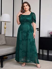 Reflora Plus Size Women Square Neck Jacquard Pleated Casual Party Dress - Dark Green - View 4