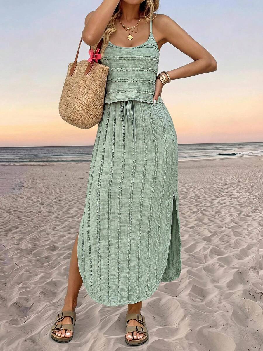 SHEIN LUNE 女款休閒紋理夏日度假通勤日常基本款時尚外出細肩帶無袖洋裝