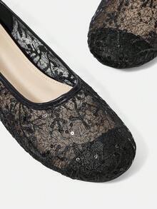 CUCCOO HITCHD Lace Round Toe Flats, Perspective Mesh Sequined Low Vamp Shoes, Commuting Dating Daily Breathable Women's Shoes - Black - View 11