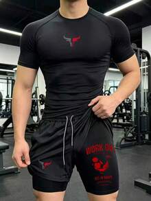GymBeat 男士圓領公牛印花短袖上衣與抽繩腰短褲休閒日常運動套裝，健身房適用 - 黑色 - 查看 1