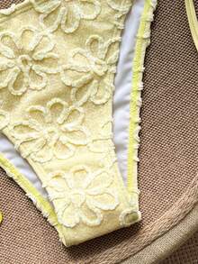 SHEIN Swim Spring/Summer Women's Bikini Set, Cream Yellow Textured Fabric, 3D Floral Design, Sweet And Cute, Suitable For Photos, Swimming, Travel, Hot Springs, Beach, Seaside, Sunbathing, Fashion - Yellow - View 7