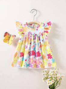 SHEIN Newborn Baby Girl Summer Cute Sleeveless Knit Dress Colorful Ruffled Trim A-Line Doll Silhouette Skirt Soft Stretch Fabric Playful Prints Apparel - Multicolor - View 7