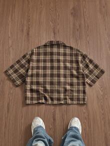 SWAVVY Men's Letter Embroidered Front Button Casual Short Sleeve Shirt - Brown - View 3