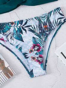 Swim Lushoire 熱帶印花比基尼套裝扭結提臀扣飾後文胸和低至臀部下裝2入組泳衣 - 水鴨藍 - 查看 7