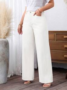 EMERY ROSE Plus Size Women's Loose Casual Denim Wide Leg Pants With Pockets - White - View 7
