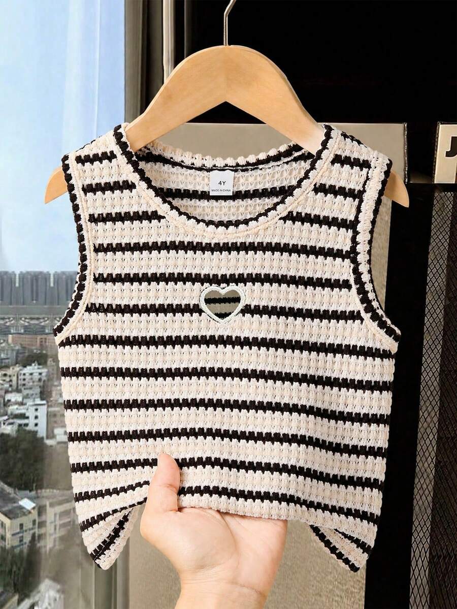 Souflis Souflis 少女夏季鏤空愛心刺繡時尚休閒無袖上衣 舒適百搭素色背心 - 彩色 - 查看 1
