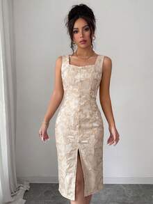 Elenzga Women's 2026 New Light Blue Spring/Summer Retro Elegant Floral Jacquard Sweetheart Neck Sleeveless Versatile Waist-Cinching Midi Dress, Adorned With Pearl And Metal Button Embellishments And A Slit Design. A Luxurious French-Style Dress Suitable For Women Aged 20-35+ For Dates, Parties, Formal Evenings, And Office Wear (Random Print). - Apricot - View 6